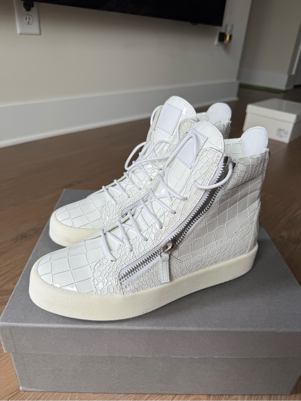 Giuseppe Zanotti White Croc-Embossed High-Top Sneakers with Side Zip